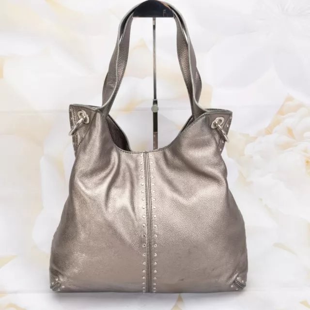 Michael Kors Women Uptown Astor Hobo Handbag Purse Large Metallic Pewter W/Studs