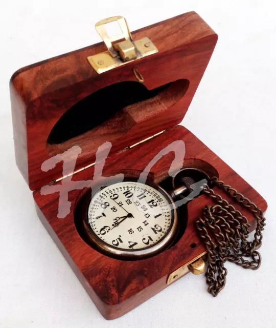 Nautical Maritime Antique Brass Pocket Watch Chain Pandent Clock With Wooden Box