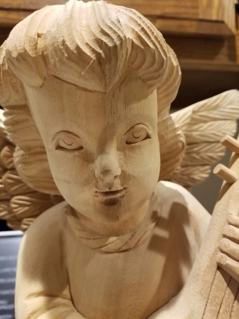 Vtg Solid Wood Hand Carved Angel Statue Crafted   Sculpture 12"