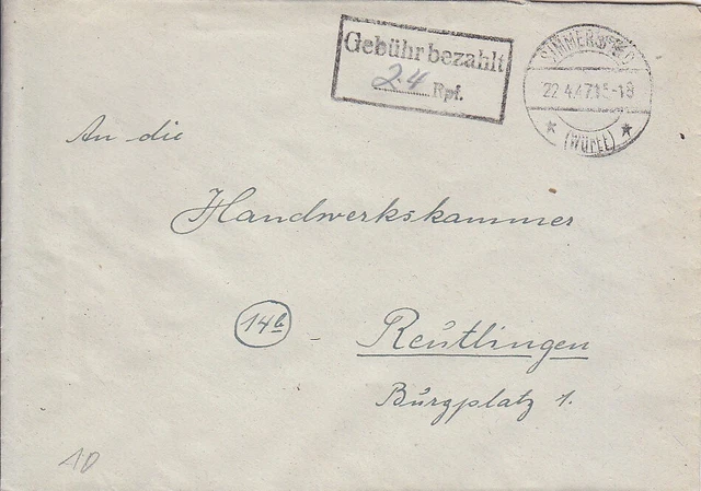 F.Zone - SIMMERSFELD  (Württ.) - Gebühr bezahlt - Brief - 1947