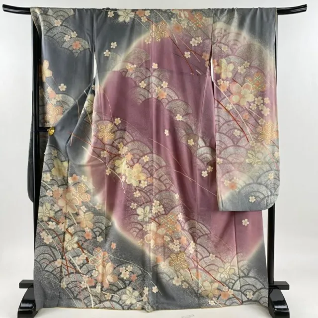 Woman Japanese Kimono Furisode Silk Sakura Seigaiha Gold Silver Foil LightPurple