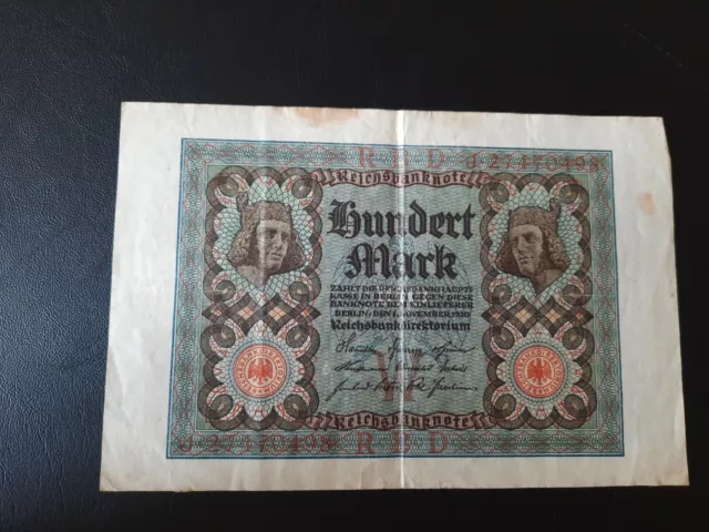 Reichsbanknote Deutsches Reich 100 Mark Rbd  1920 Serial J27470498