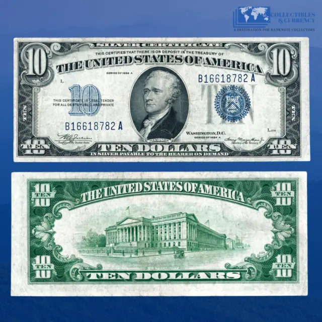 1934A $10 Ten Dollars Silver Certificate Blue Seal, VF Condition #18782