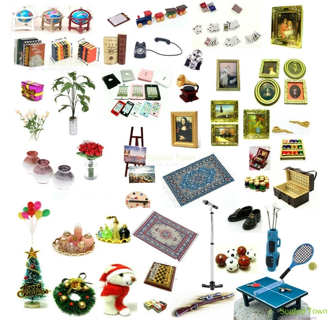 Lot Doll House Miniature Painting Rug Flower Vase Book Phone Laptop Home Decor