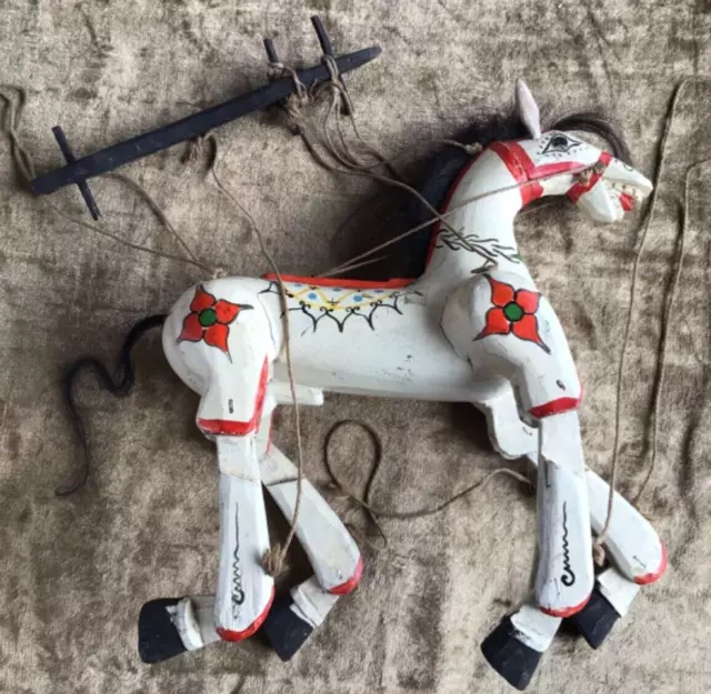 1960s Vintage Burmese Wooden Horse Marionette Puppet