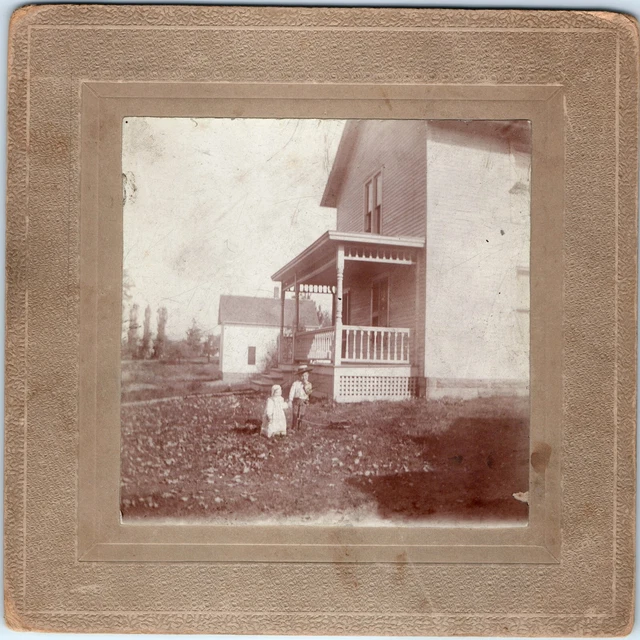 c1890s Autumn Outdoors Cute Baby Siblings Cabinet Card Photo Adorable House 1H