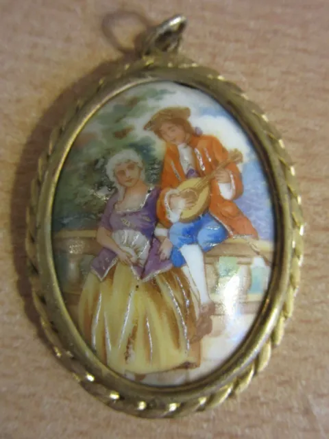 Antique Limoges, France porcelain hand painted courting scene necklace Pendant