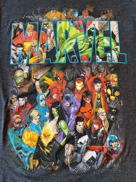 Marvel T-Shirt Size Large Black Mad Engine Super Heroes Big Graphic Tee Cotton