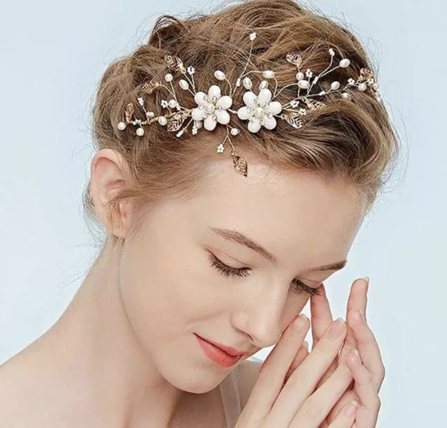 Bridal Wedding Hair Vine Gold Flower Sparky Leaf Bride Pearl Headpieces