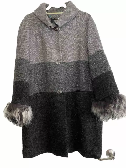 Escada Sport Wool Blend Color Block Gray Coat W/ Removable Lamb Fur Trim Sz. 42