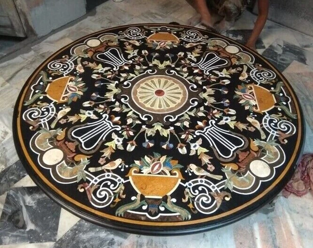 Black Marble Inlay Dining Table, Black Marble Handmade Table Top, Kitchen Table