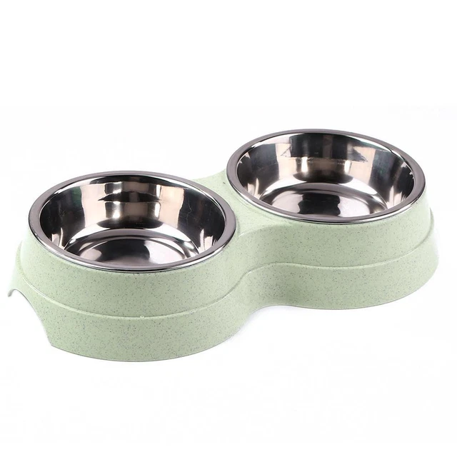 Dog Double Bowl Puppy Food Feeder Stainless Steel Pet Drinking Dish (Green) FS2#