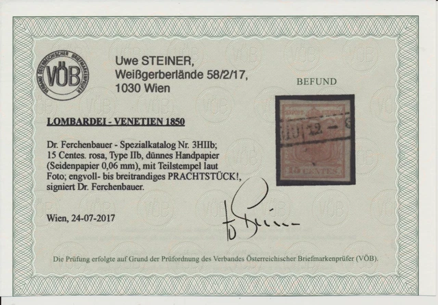 LOMBARDEI-VENETIEN 1850 15C, ROSA, HP, Type II.b, SEIDENPAPIER! VÖB! PRACHT!