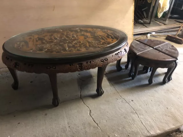 Wooden Hand Carved Oriental Large Coffee Table and Chairs 3