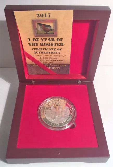 2017 "YEAR OF THE ROOSTER" 1 Oz Coin 999 Fine Silver Plated in Display Box, COA,