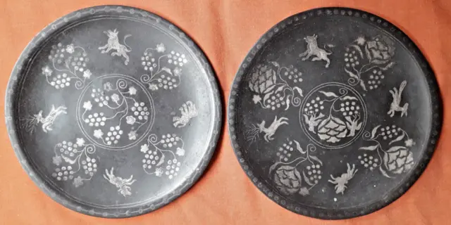 Pair of Antique Mughal Bronze Dishes with Silver Inlays - 18th