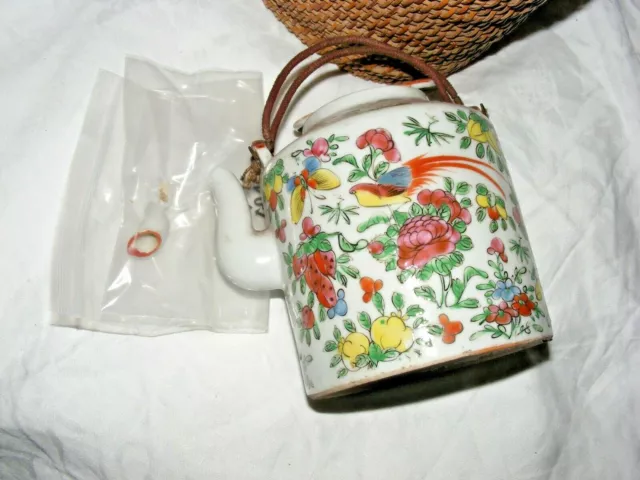 Antique Chinese Teapot Famille Rose Wicker Basket Metal Handle Porcelain 2