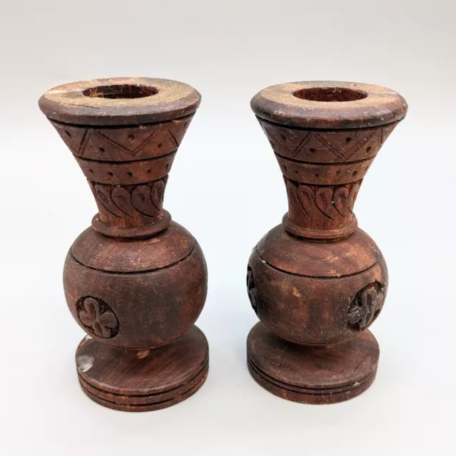 Vintage Hand Carved Wood Candlestick Holders Pair Folk Art India  4"