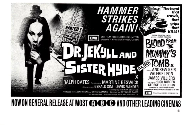 (F&F39) Movie Advert 5X8" Dr. Jekyll & Sister Hyde. Ralph Bates Martine Beswick