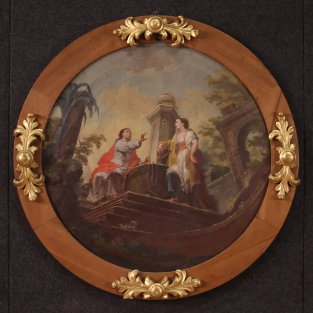 Samaritana en el pozo pintura religiosa oleo lienzo cuadro Cristo siglo XIX.