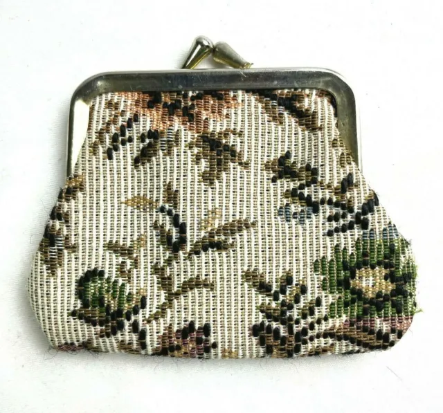Vintage Tapestry Change Purse Floral Flowers Snap Clasp Green Pink Beige Old