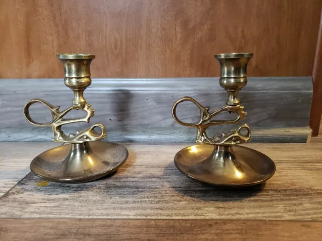 Pair Vtg Chinese Brass Dragon Candle Sticks Set  4.5"