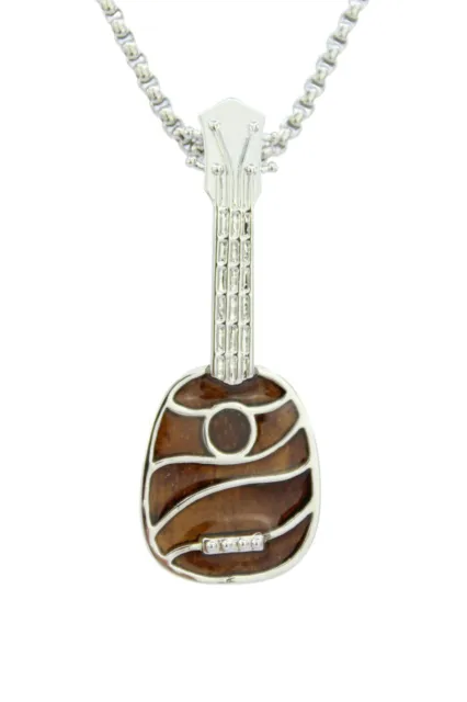 Hawaiian Ukulele Pendant - Rhodium over Brass, Hawaiian Koa Wood, 20'' Necklace