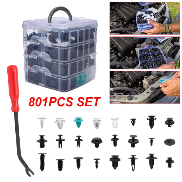 801Pcs Car Retainer Auto Fasteners Push Trim Plastic Clips Pin Rivet Bumper Kit