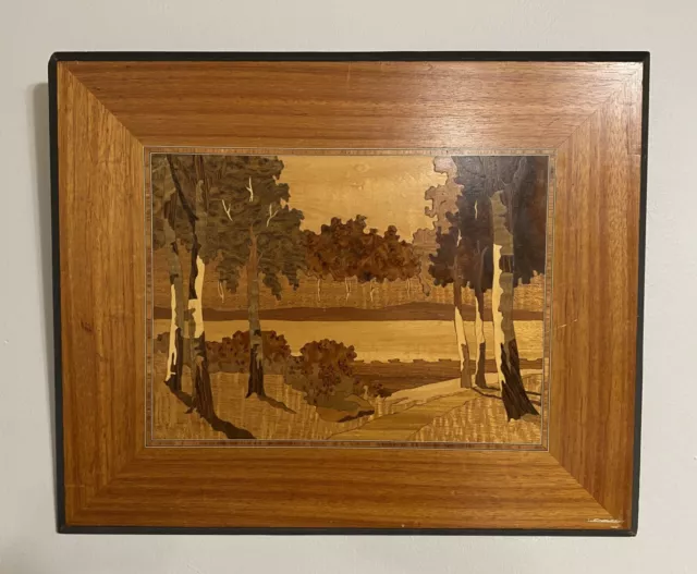 VTG Marquetry Inlaid Wood Landscape Picture Art Birch Trees Marqueterie Inlay