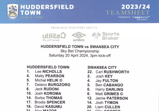 Huddersfield Town Swansea City Official Championship 2024 Coloured Teamsheet