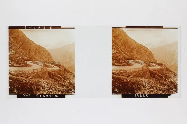 Suisse Val Tremola Montagnes Photo Plaque de verre Stereo Vintage