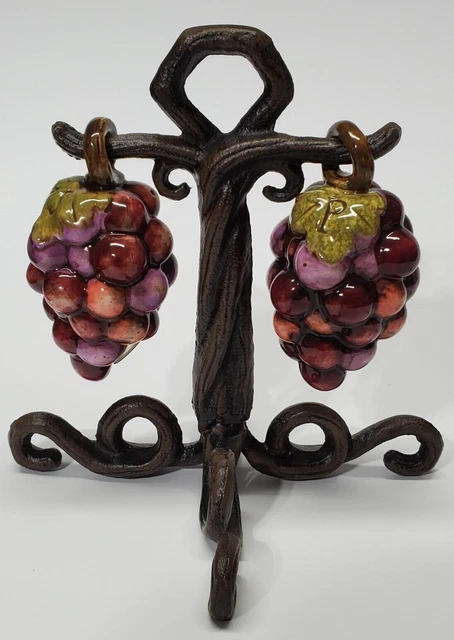 Vintage Cast Iron Vines Hanging Ceramic Grape Clusters Salt and Pepper Shakers