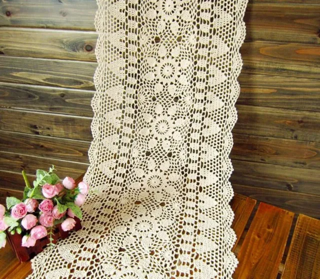 15"x59" Vintage Hand Crochet Lace Table Runner Dresser Scarf Flower Tablecloth