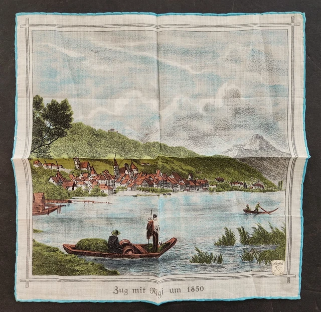 vintage STOFFELS SWISS HANKIE w TAG zug mit rigi um 1850 unused