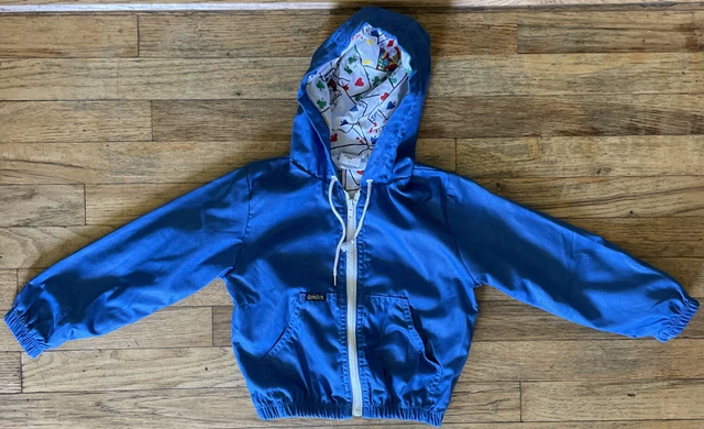 Vtg Oshkosh Blue Hooded Windbreaker Jacket Size 5 Lined Playing Card Print