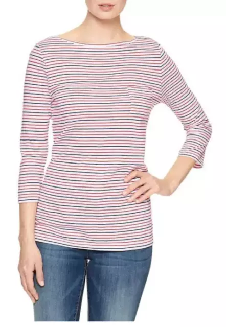 GAP Women`s Favorite 34 Sleeve Boatneck Pocket Tee Red Striped Top Blouse NWT