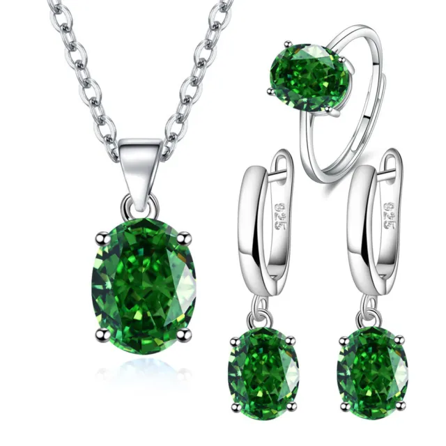 Women 925 sterling Silver earrings necklace ring green oval zircon jewelry sets