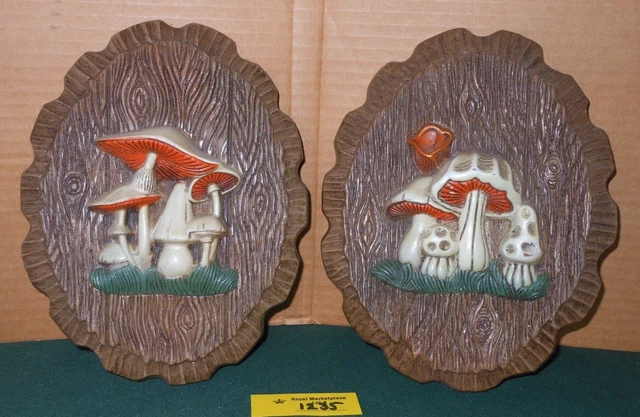 Pair of Vintage Figural MUSHROOOM Wall Hanging Plaques Retro Plastic Resin Foam