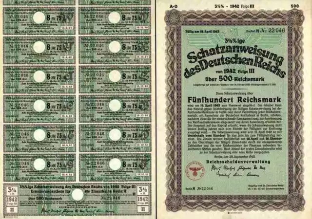 DEUTSCHES Reich Sept.1942 Berlin Adler 500 RM Schatzanweisung Lit. H Zinsscheine