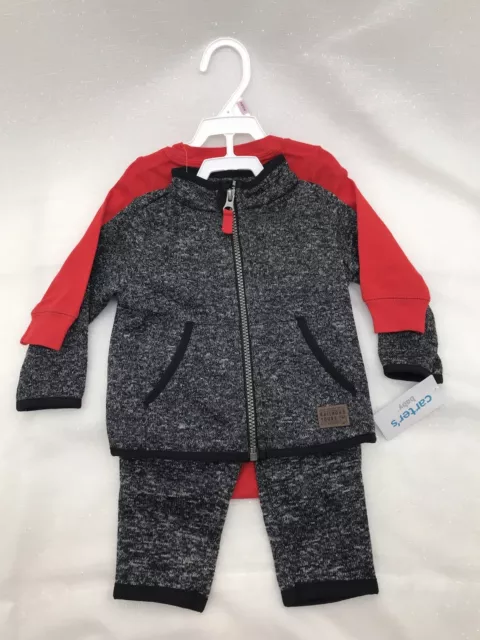 Carters Infant 3pc Zip Up Jacket Bodysuit & Pants Outfit Set Trains Red Gray 9M