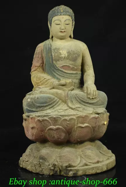 Old China Wood lacquerware Painting Seat Lotus Sakyamuni Tathagata Buddha Statue