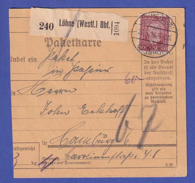 Dt. Reich 1924 H. von Stephan Mi.-Nr. 362x auf Paketkarte O LÖHNE (WESTF.)