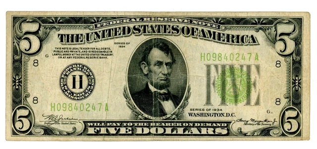 1934 H St. Louis US $5 Federal Reserve Note Lime Green Seal