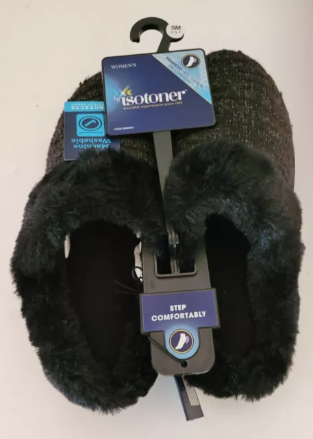 Isotoner Women's Faux Fur Clog Slippers- Heel Cushion-Black,Glitter- Sz Sm-NWT
