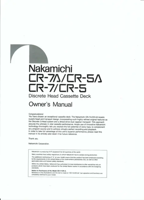 Nakamichi  Bedienungsanleitung user manual  für CR-7A/5A englisch  Copy