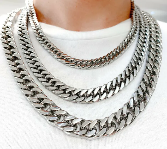 8/10/12/14mm Men Curb Cuban Link Silver 316L Stainless Steel Necklace Bracelet