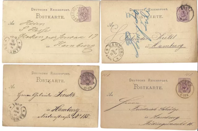 S1-170-92)) DR 4 versch. Ganzsachen mit Hufeisenstpl. ab Hamburg 1876-1877