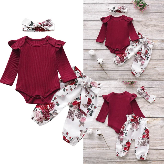 Newborn Infant Baby Girl Outfits Bodysuit Romper Pants Headband Clothes Set