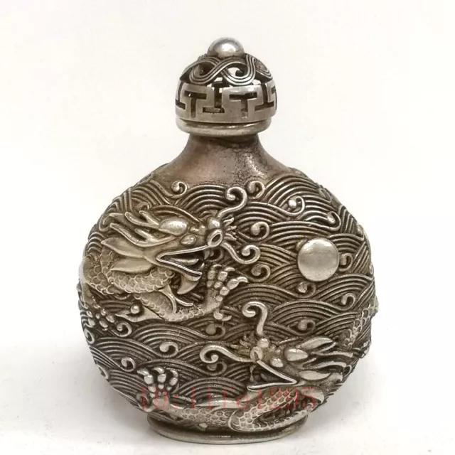 Collection China Ancient Tibet Silver Carving Dragon Snuff Bottle Decoration