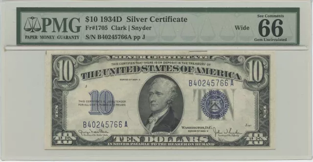 1934D $10 Silver Cert FR#1705 PMG 66 Gem UNC EPQ Wide